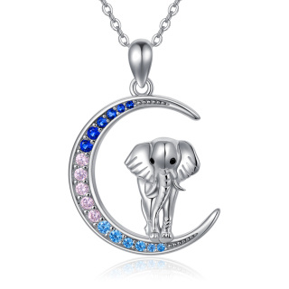 Sterling Silver Cubic Zirconia Elephant & Moon Pendant Necklace-5