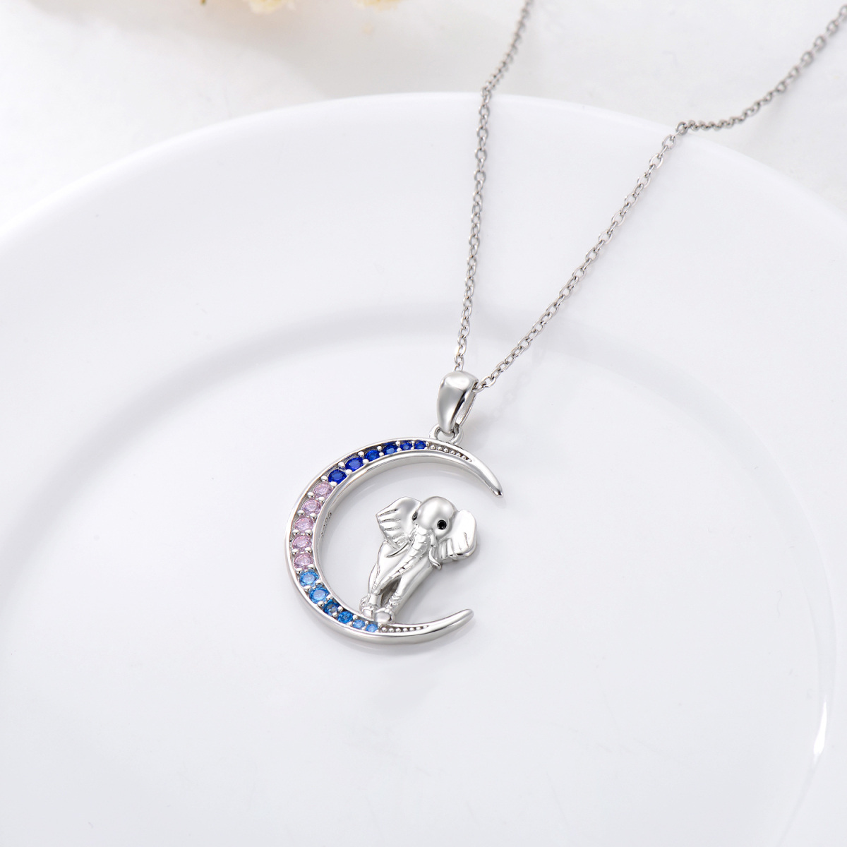 Sterling Silver Cubic Zirconia Elephant & Moon Pendant Necklace-4