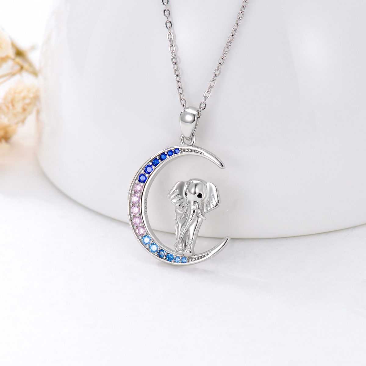 Sterling Silver Cubic Zirconia Elephant & Moon Pendant Necklace-5