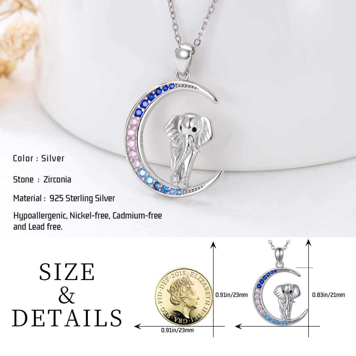 Sterling Silver Cubic Zirconia Elephant & Moon Pendant Necklace-6