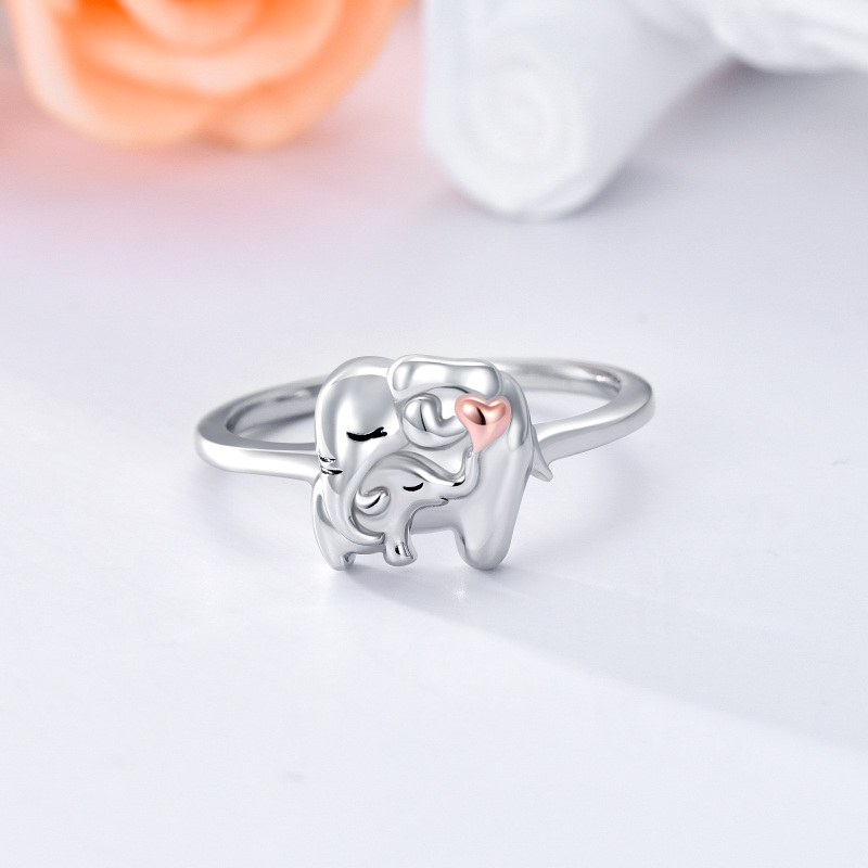 Anel de prata esterlina com elefante e mãe em dois tons-3