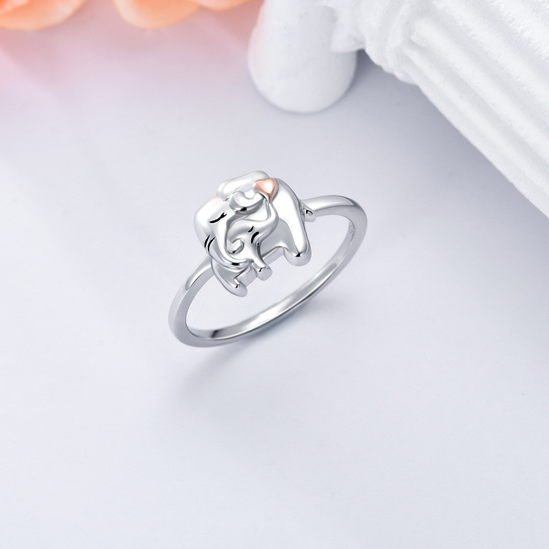 Anel de prata esterlina com elefante e mãe em dois tons-5
