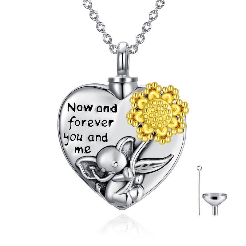 Sterling Silver Two-Tone Elephant & Heart With Sunflower Urn Necklace For Ashes-1