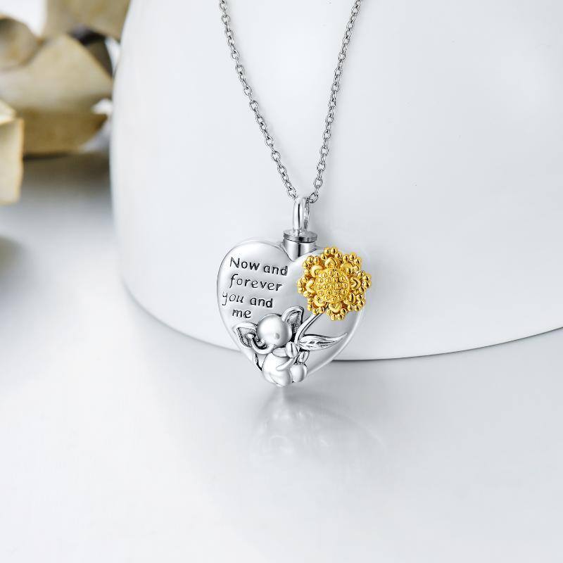 Collar de urna para cenizas con elefante y corazón de dos tonos de plata de ley con girasol-3