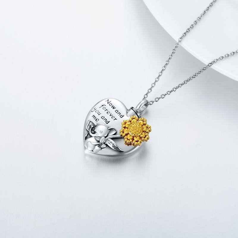 Collar de urna para cenizas con elefante y corazón de dos tonos de plata de ley con girasol-4