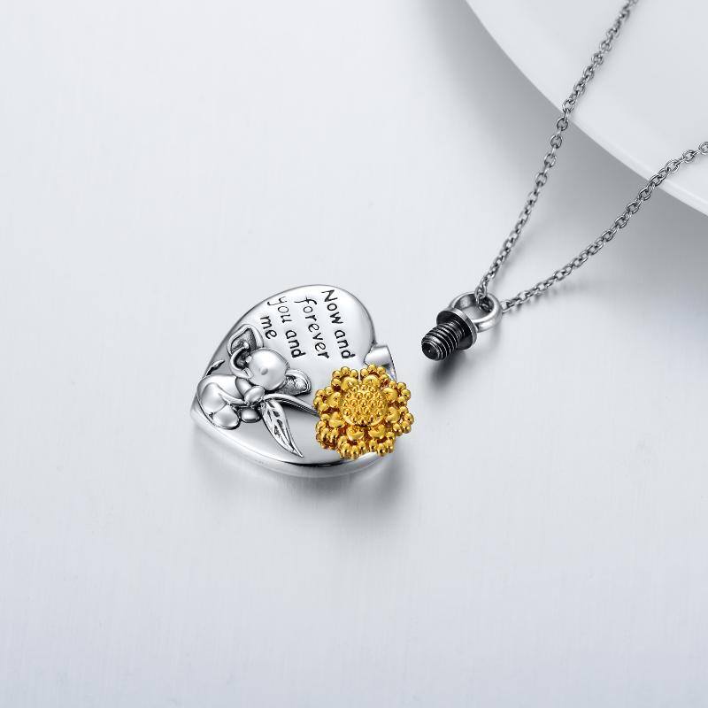 Collar de urna para cenizas con elefante y corazón de dos tonos de plata de ley con girasol-5