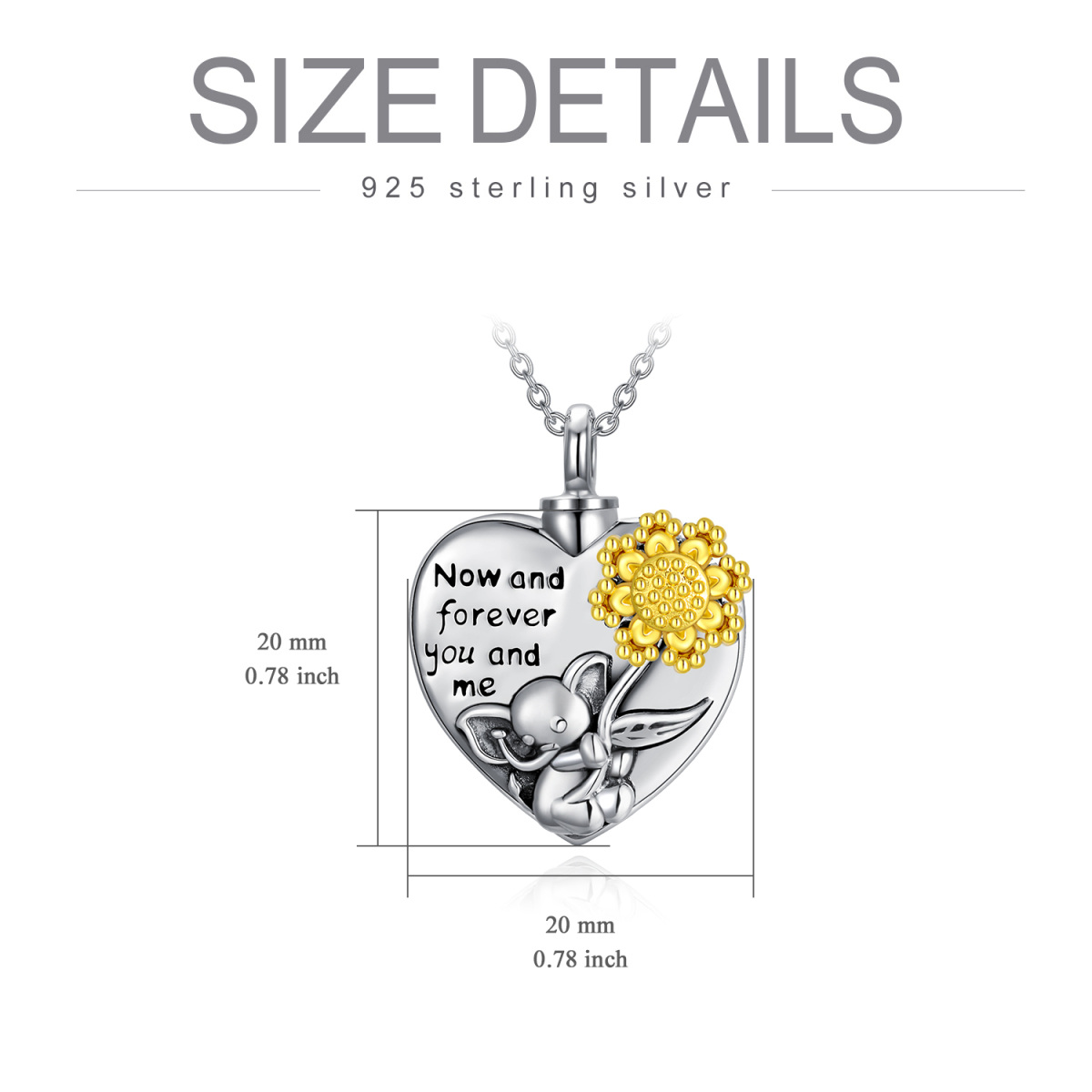 Sterling Silver Two-Tone Elephant & Heart With Sunflower Urn Necklace For Ashes-6