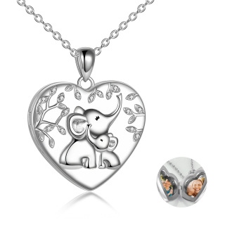 Sterling Silver Elephant & Tree Of Life Heart Personalized Photo Locket Necklace with Engraved Word-54