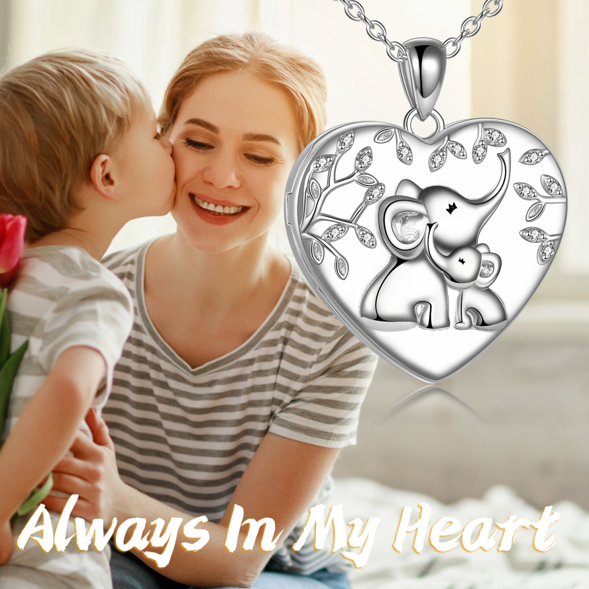 Sterling Silver Elephant & Tree Of Life Heart Personalized Photo Locket Necklace with Engraved Word-2