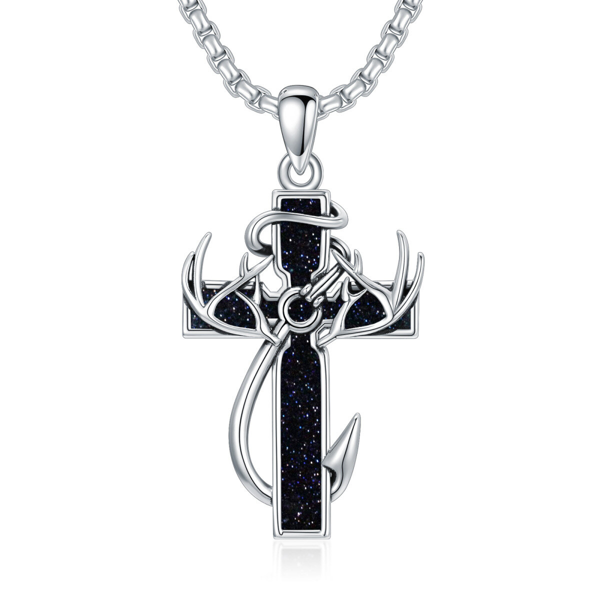 Sterling Silver Elk & Cross Pendant Necklace for Men-1