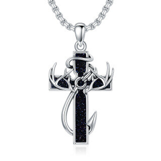 Sterling Silver Elk & Cross Pendant Necklace for Men-2