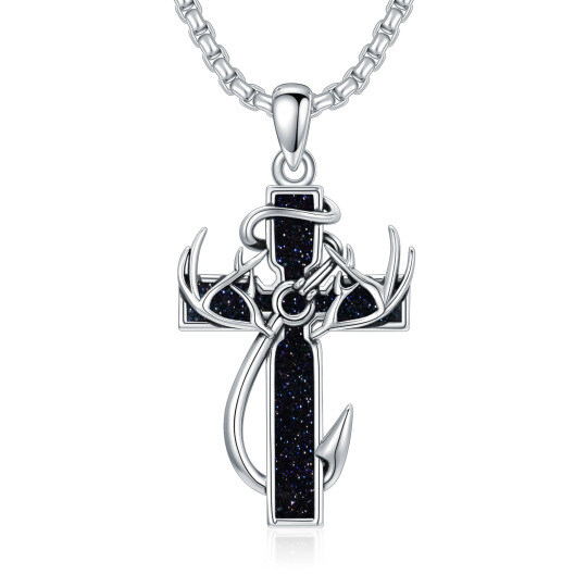 Sterling Silver Elk & Cross Pendant Necklace for Men