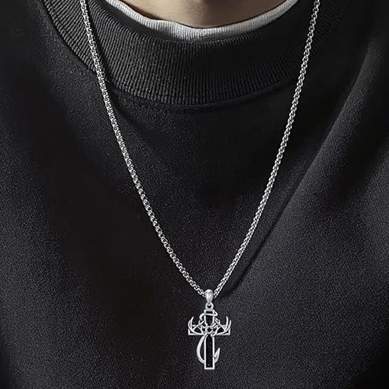 Sterling Silver Elk & Cross Pendant Necklace for Men-2