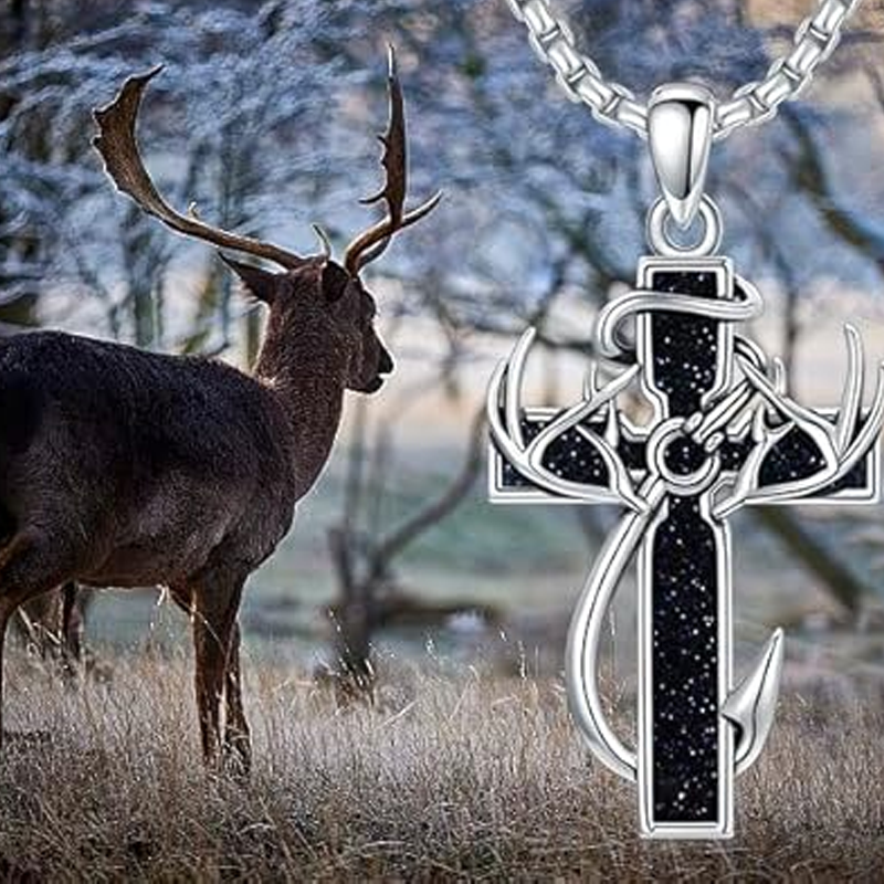 Sterling Silver Elk & Cross Pendant Necklace for Men-4