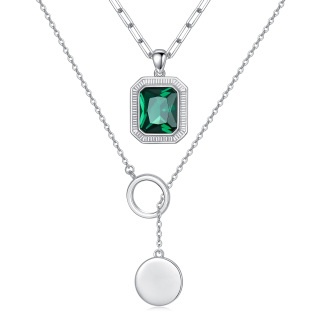 Sterling Silver Emerald Crystal & Disc Paper Clip Chain Y-necklace Layered Necklace-6