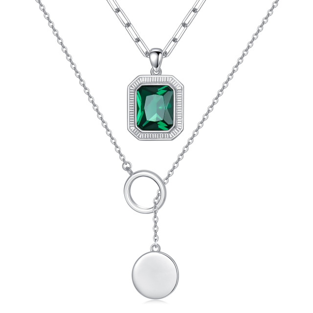 Sterling Silver Emerald Crystal & Disc Paper Clip Chain Y-necklace Layered Necklace-1