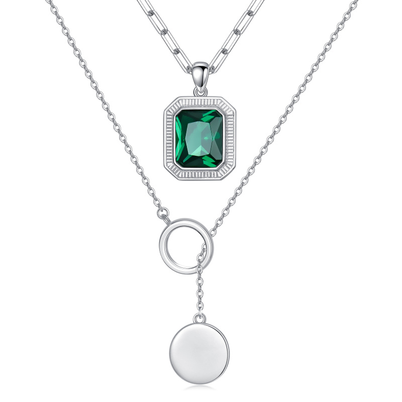 Sterling Silver Emerald Crystal & Disc Paper Clip Chain Y-necklace Layered Necklace