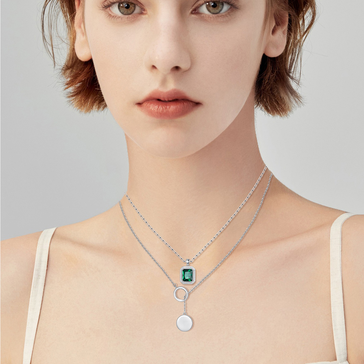 Sterling Silver Emerald Crystal & Disc Paper Clip Chain Y-necklace Layered Necklace-2