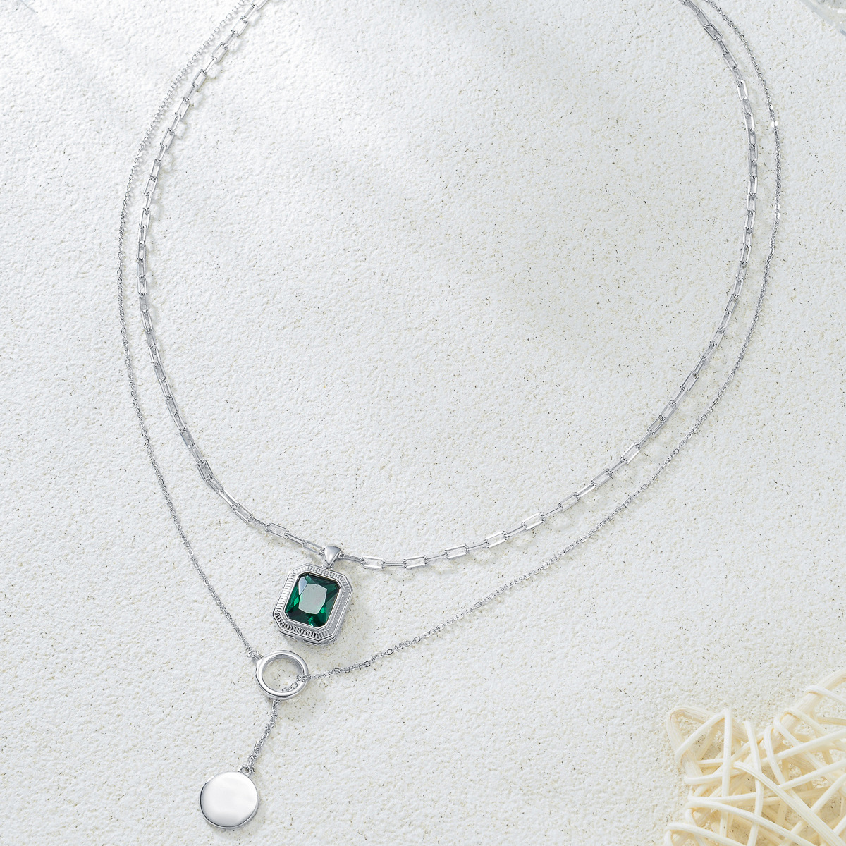 Sterling Silver Emerald Crystal & Disc Paper Clip Chain Y-necklace Layered Necklace-4