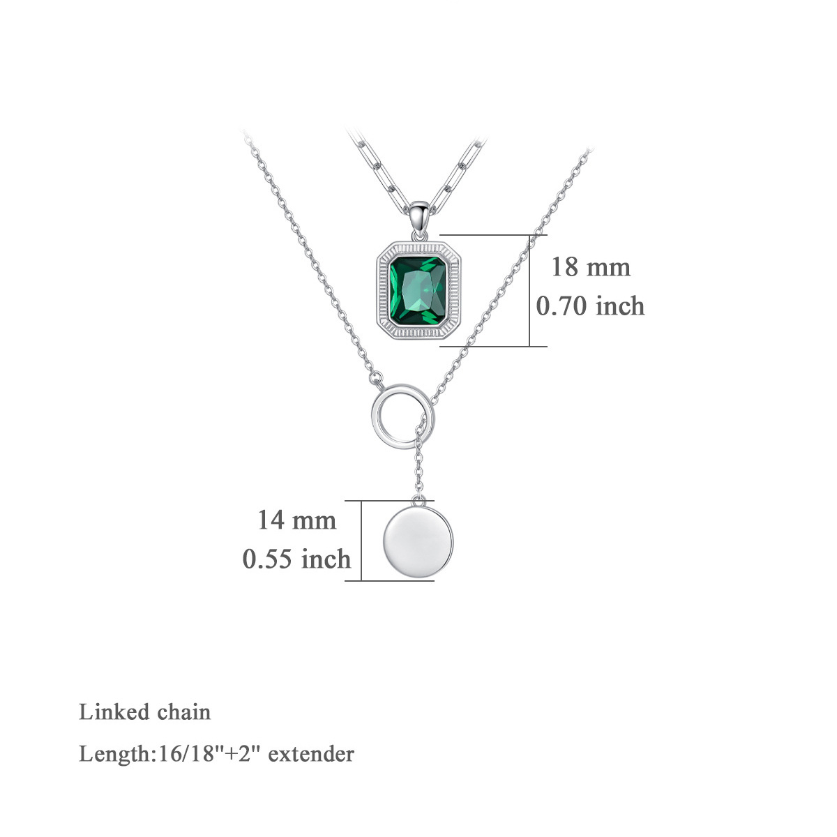 Sterling Silver Emerald Crystal & Disc Paper Clip Chain Y-necklace Layered Necklace-5