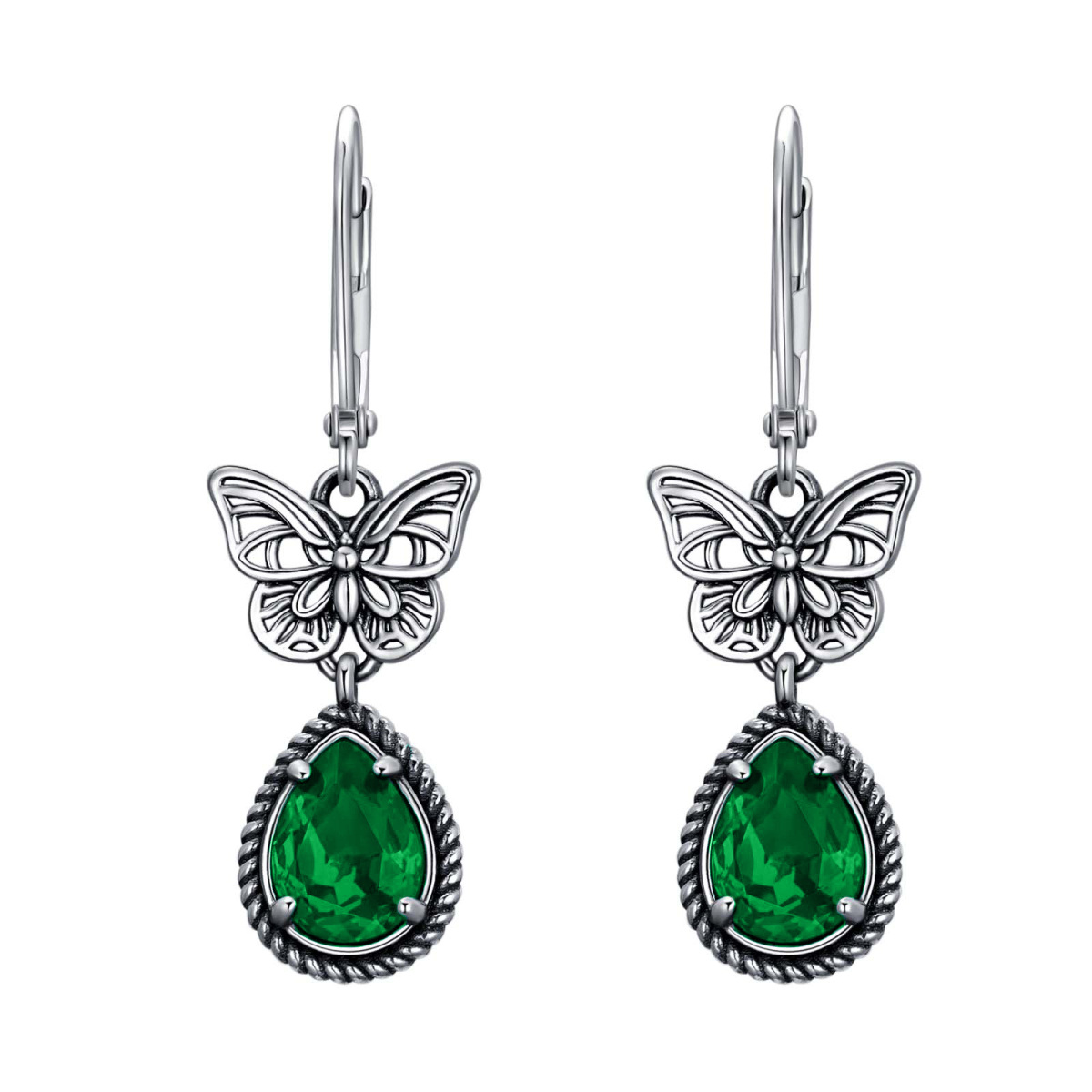 Sterling Silver Emerald Pear Crystal Butterfly Lever-back Earrings for Women-1