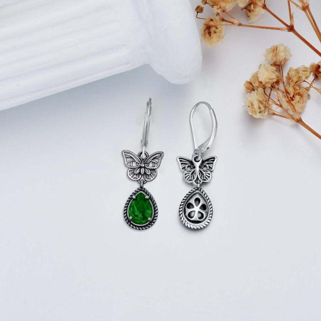 Sterling Silver Emerald Pear Crystal Butterfly Lever-back Earrings for Women-4