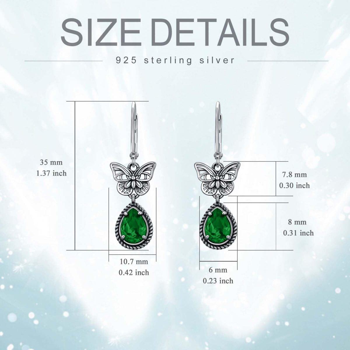 Sterling Silver Emerald Pear Crystal Butterfly Lever-back Earrings for Women-5