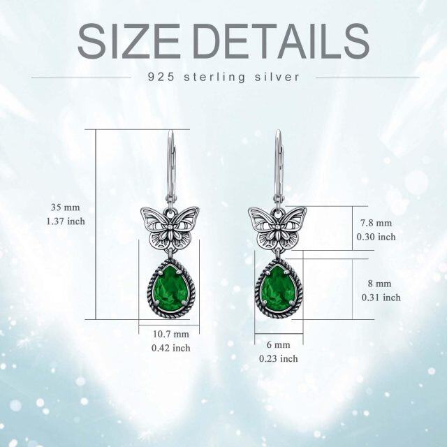 Sterling Silver Emerald Pear Crystal Butterfly Lever-back Earrings for Women-5