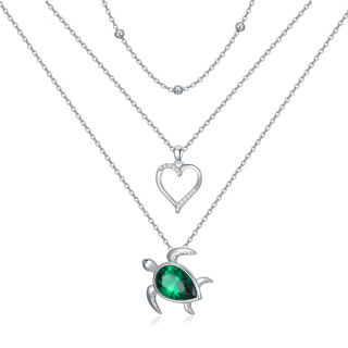 Sterling Silver Emerald Pear Shaped Cubic Zirconia Sea Turtle Heart Layered Necklace-5