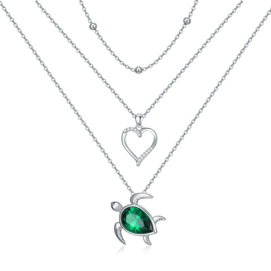 Sterling Silver Emerald Pear Shaped Cubic Zirconia Sea Turtle Heart Layered Necklace