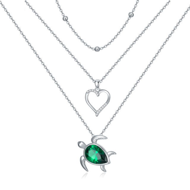 Sterling Silver Emerald Pear Shaped Cubic Zirconia Sea Turtle Heart Layered Necklace-2