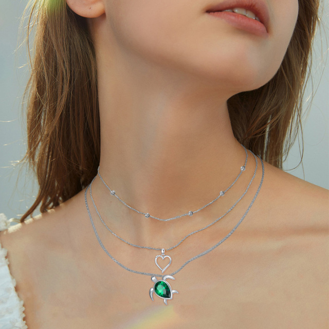 Sterling Silver Emerald Pear Shaped Cubic Zirconia Sea Turtle Heart Layered Necklace-2