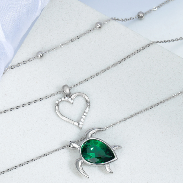 Sterling Silver Emerald Pear Shaped Cubic Zirconia Sea Turtle Heart Layered Necklace-3