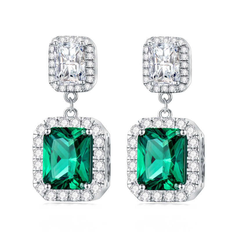 Sterling Silver Emerald Square Dangle Earrings