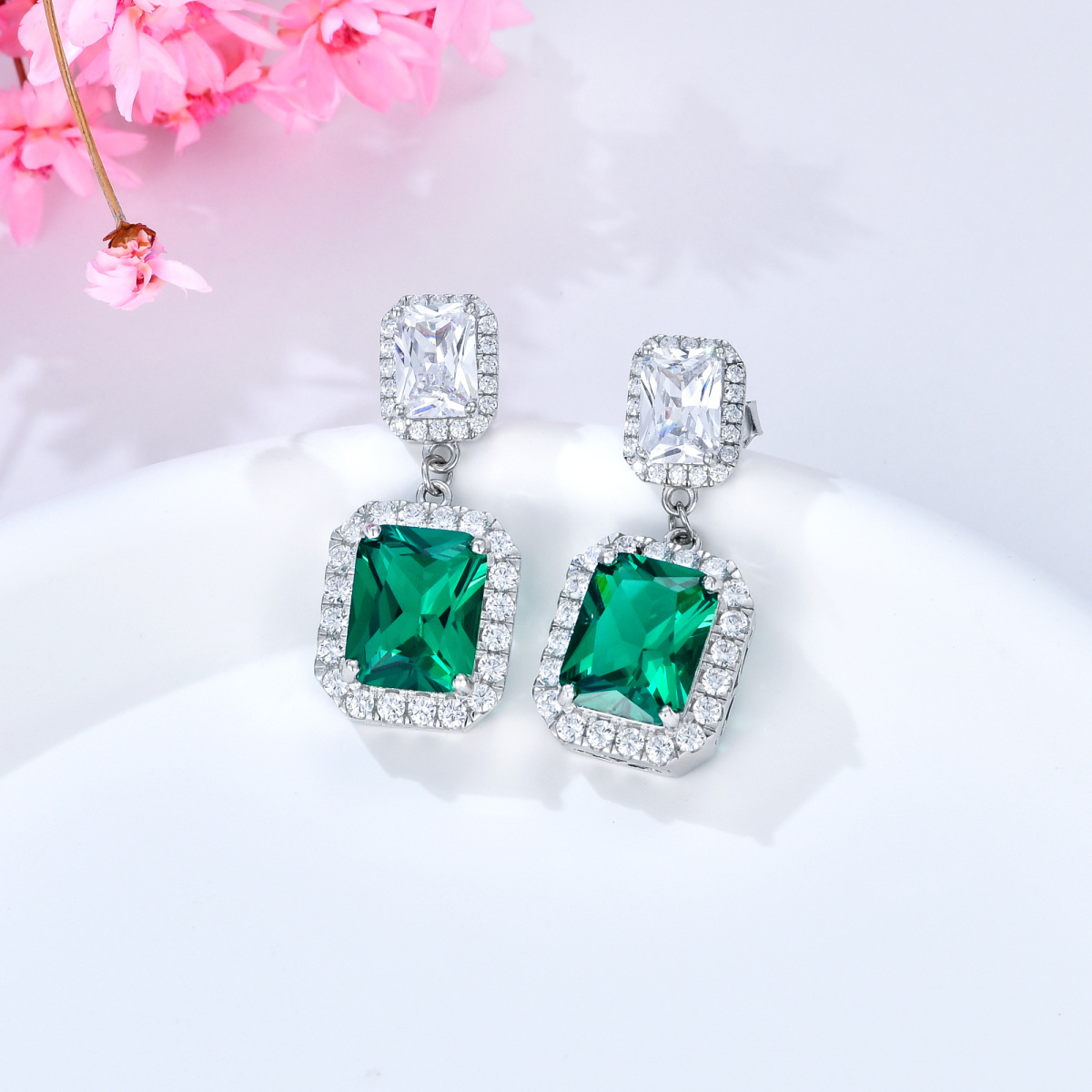 Sterling Silver Emerald Square Dangle Earrings-3