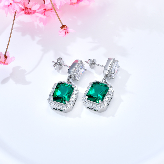 Sterling Silver Emerald Square Dangle Earrings-4