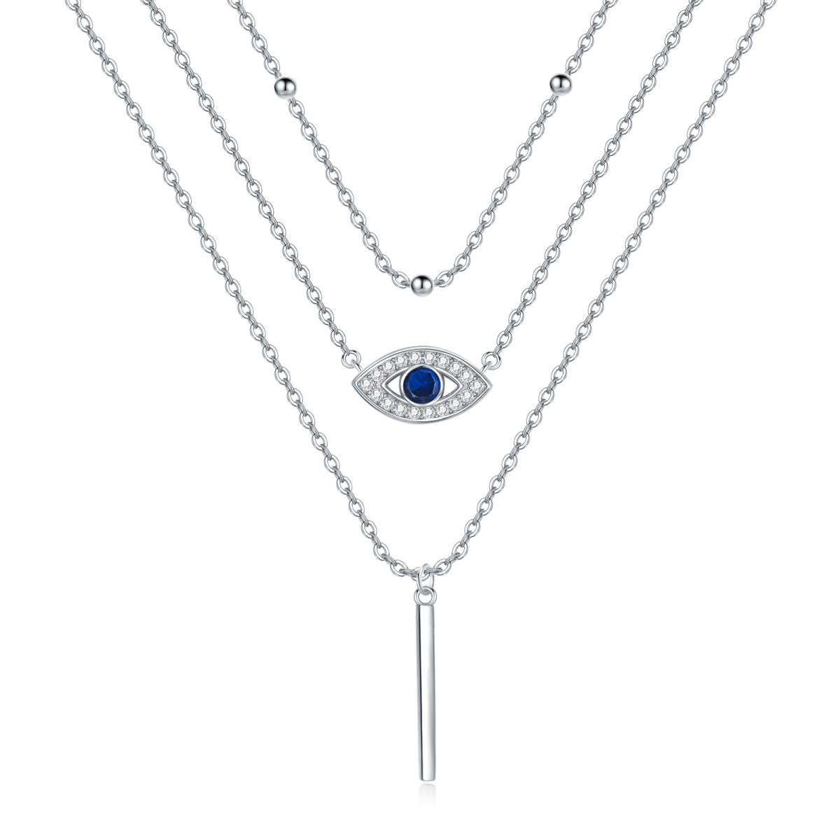 Plata de ley Circonita Evil Eye Bar Collar en capas-1