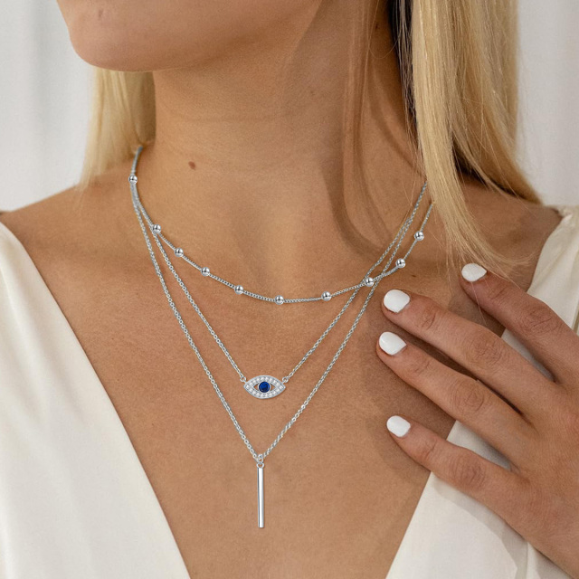 Plata de ley Circonita Evil Eye Bar Collar en capas-2