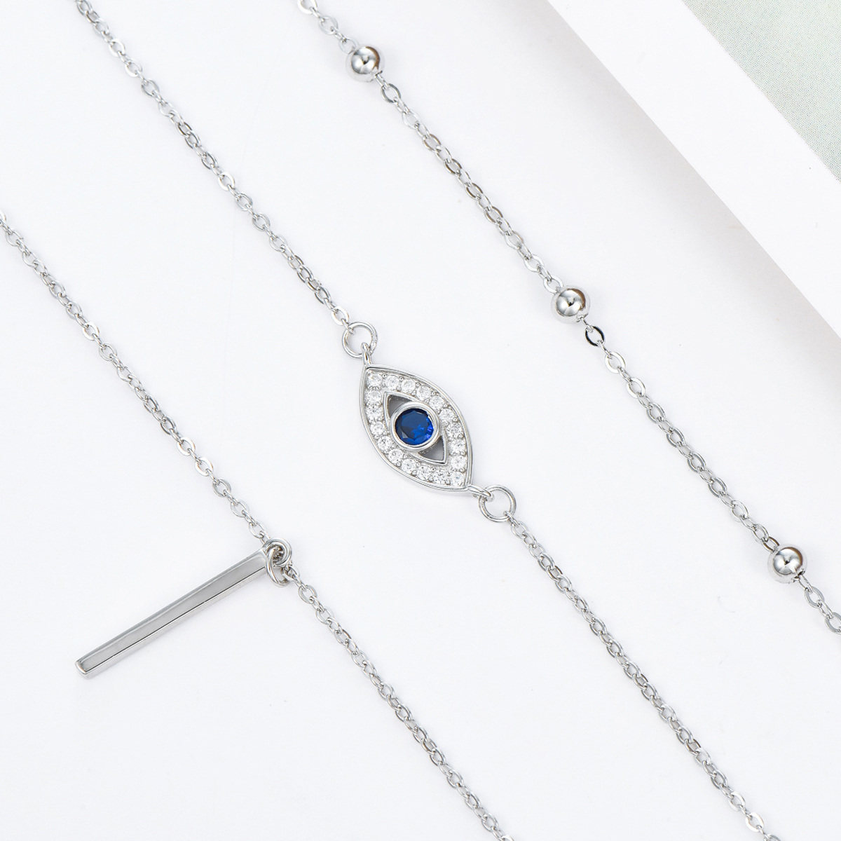 Sterling Silber Cubic Zirkonia Evil Eye Bar geschichteten Halskette-3