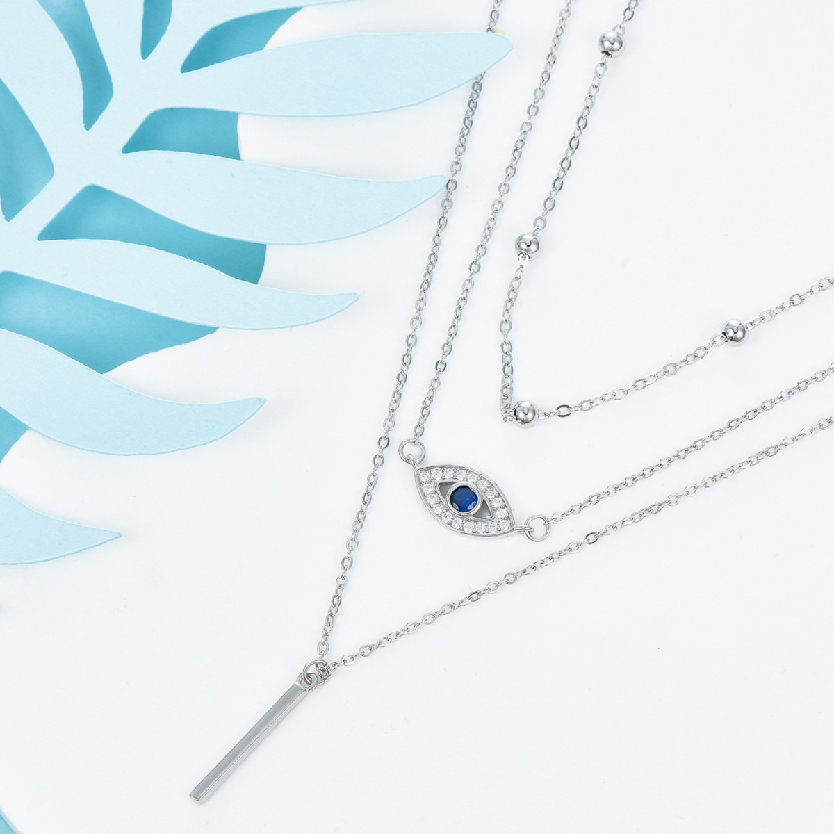 Sterling Silver Cubic Zirconia Evil Eye Bar Layered Necklace-4