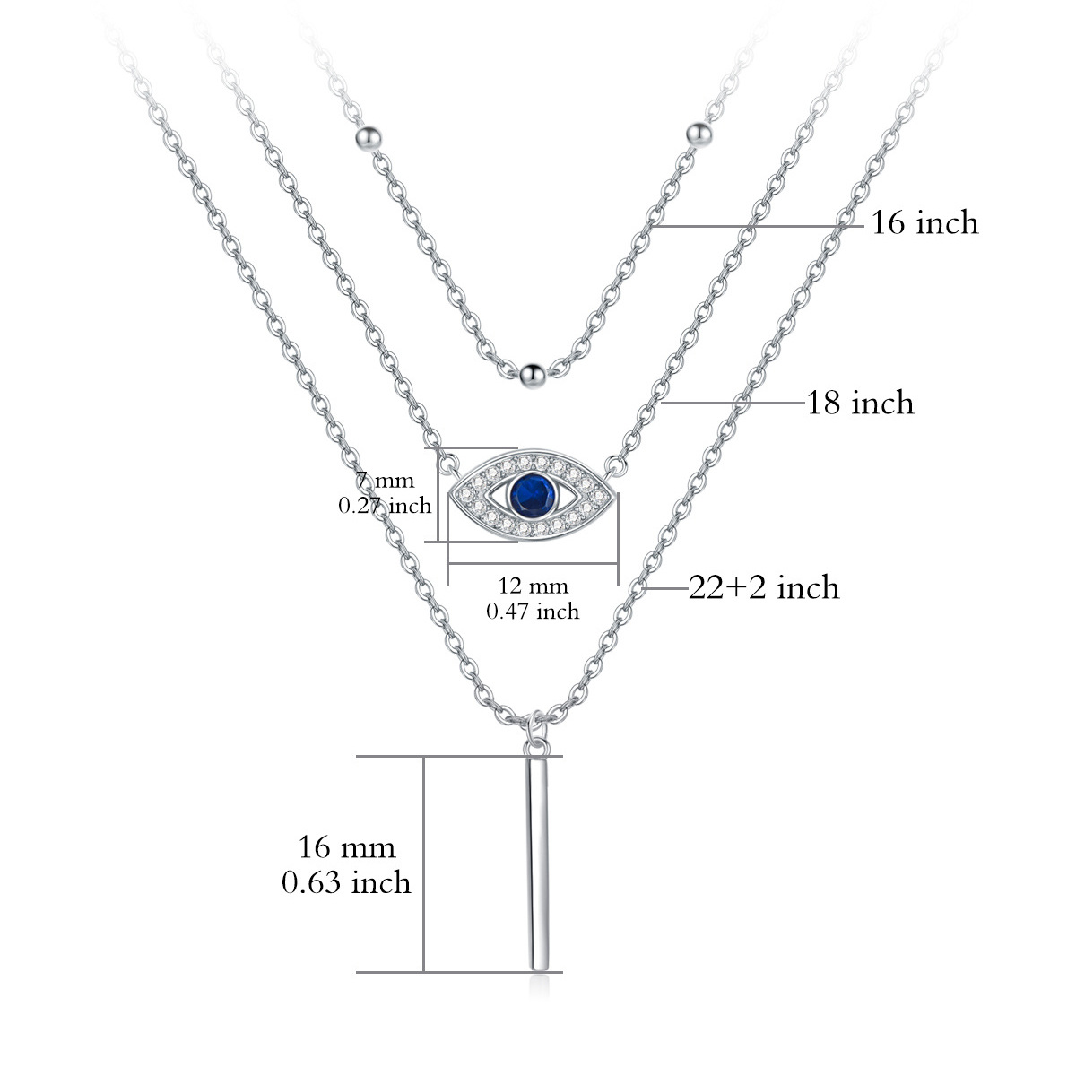 Sterling Silver Cubic Zirconia Evil Eye Bar Layered Necklace-5