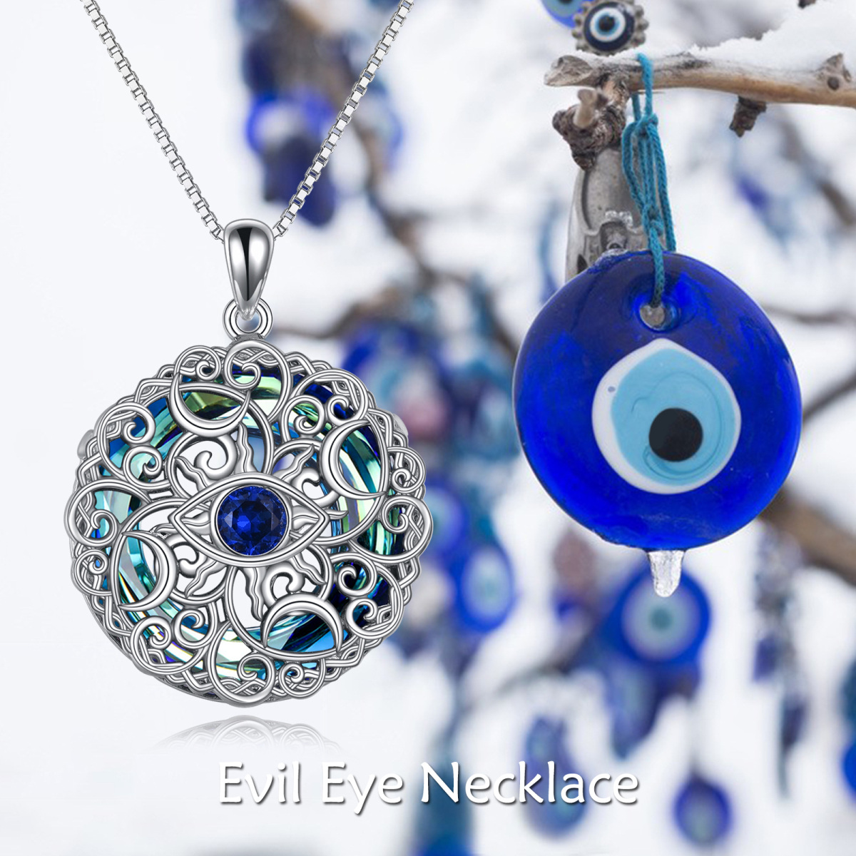 Sterling Silber Evil Eye Celtic Knot Mondgöttin Kristall Anhänger Halskette-6