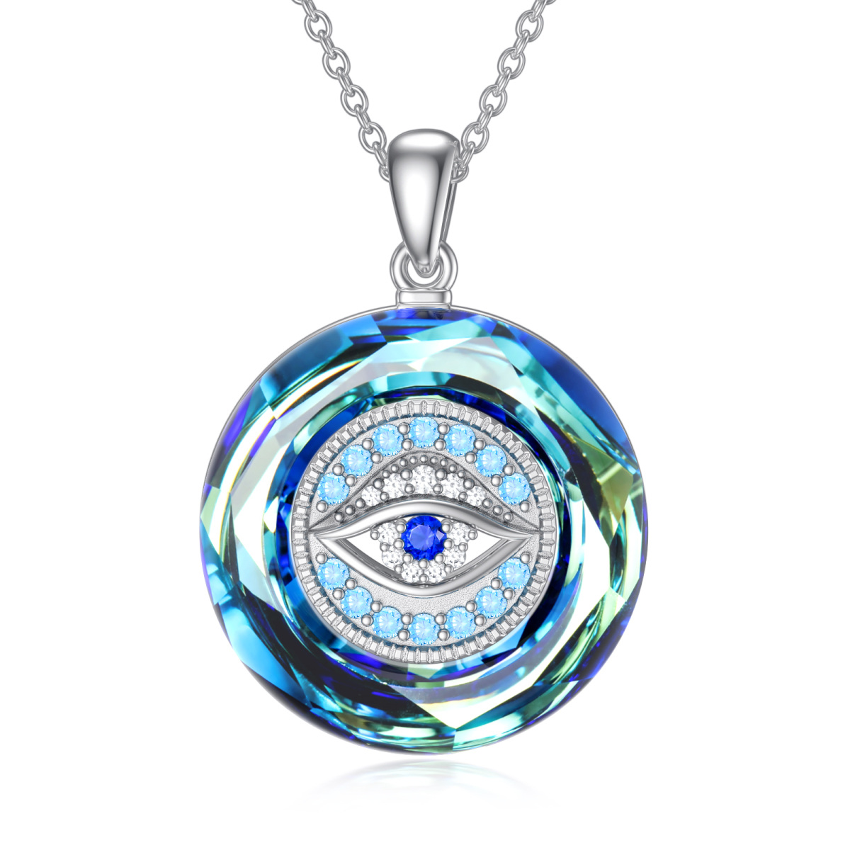 Sterling Silver Evil Eye Circular Shaped Blue Crystal Pendant Necklace-1