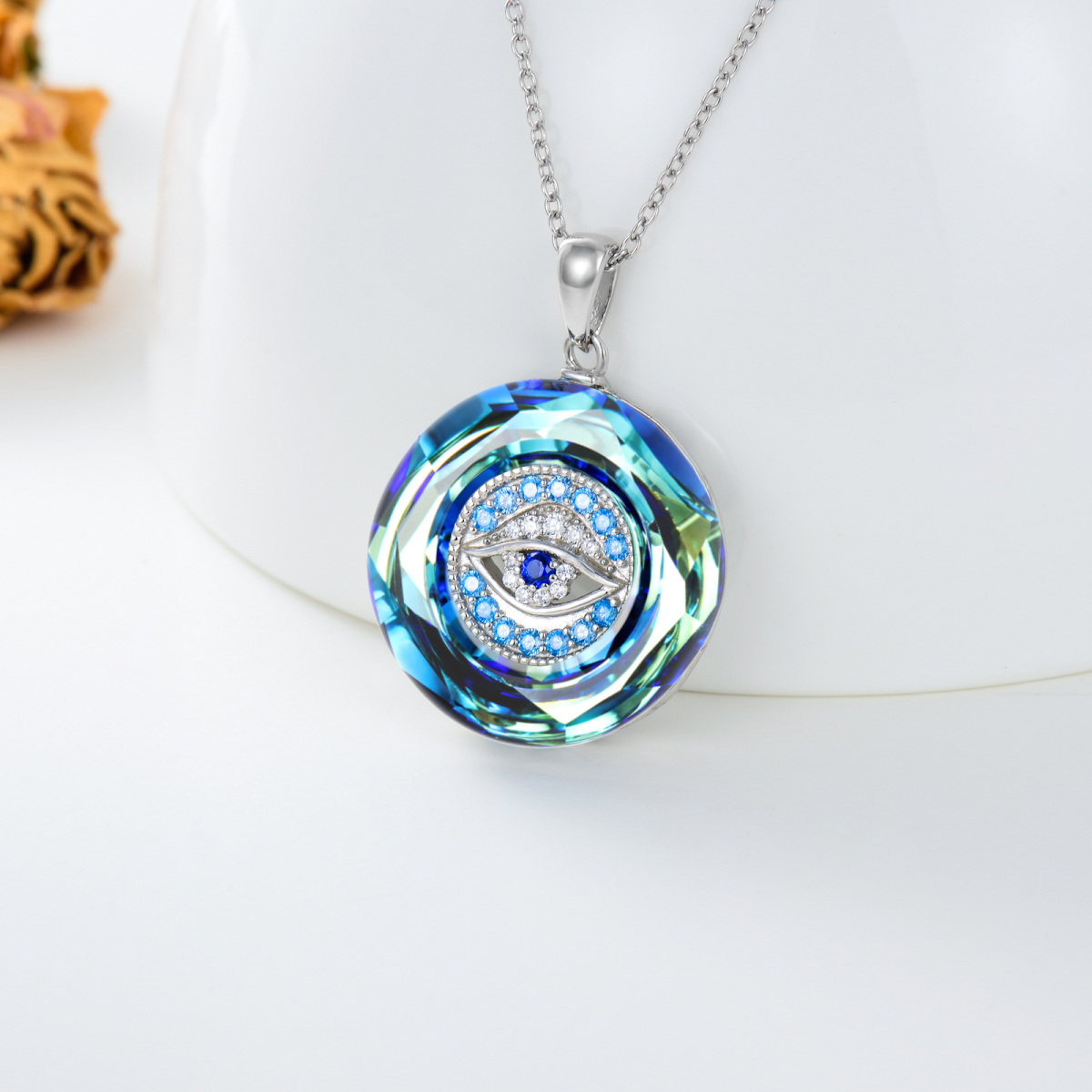 Sterling Silver Evil Eye Circular Shaped Blue Crystal Pendant Necklace-3