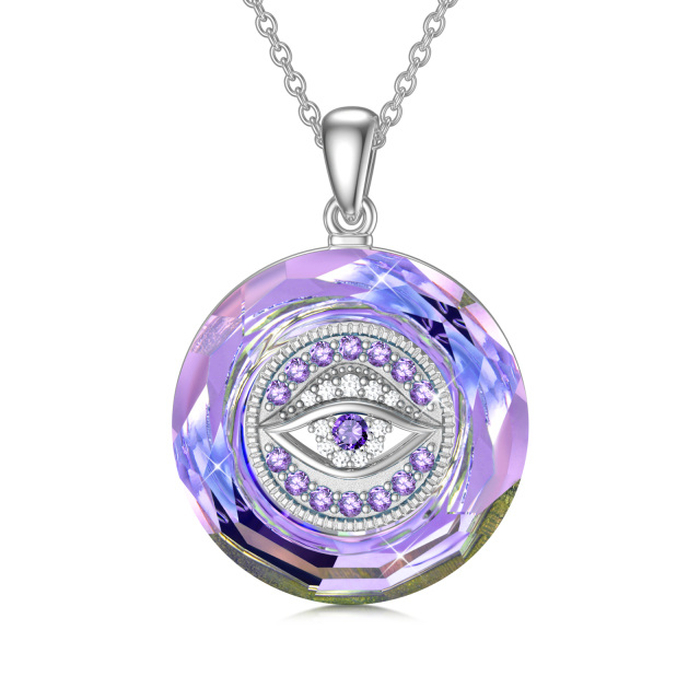 Sterling Silver Evil Eye Circular Shaped Purple Crystal Pendant Necklace-1