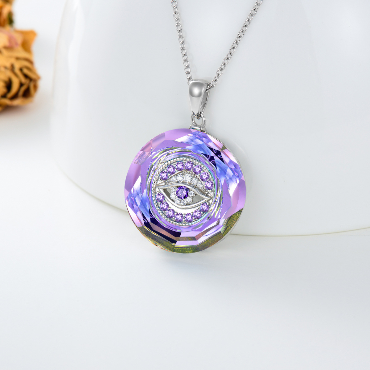 Sterling Silver Evil Eye Circular Shaped Purple Crystal Pendant Necklace-3