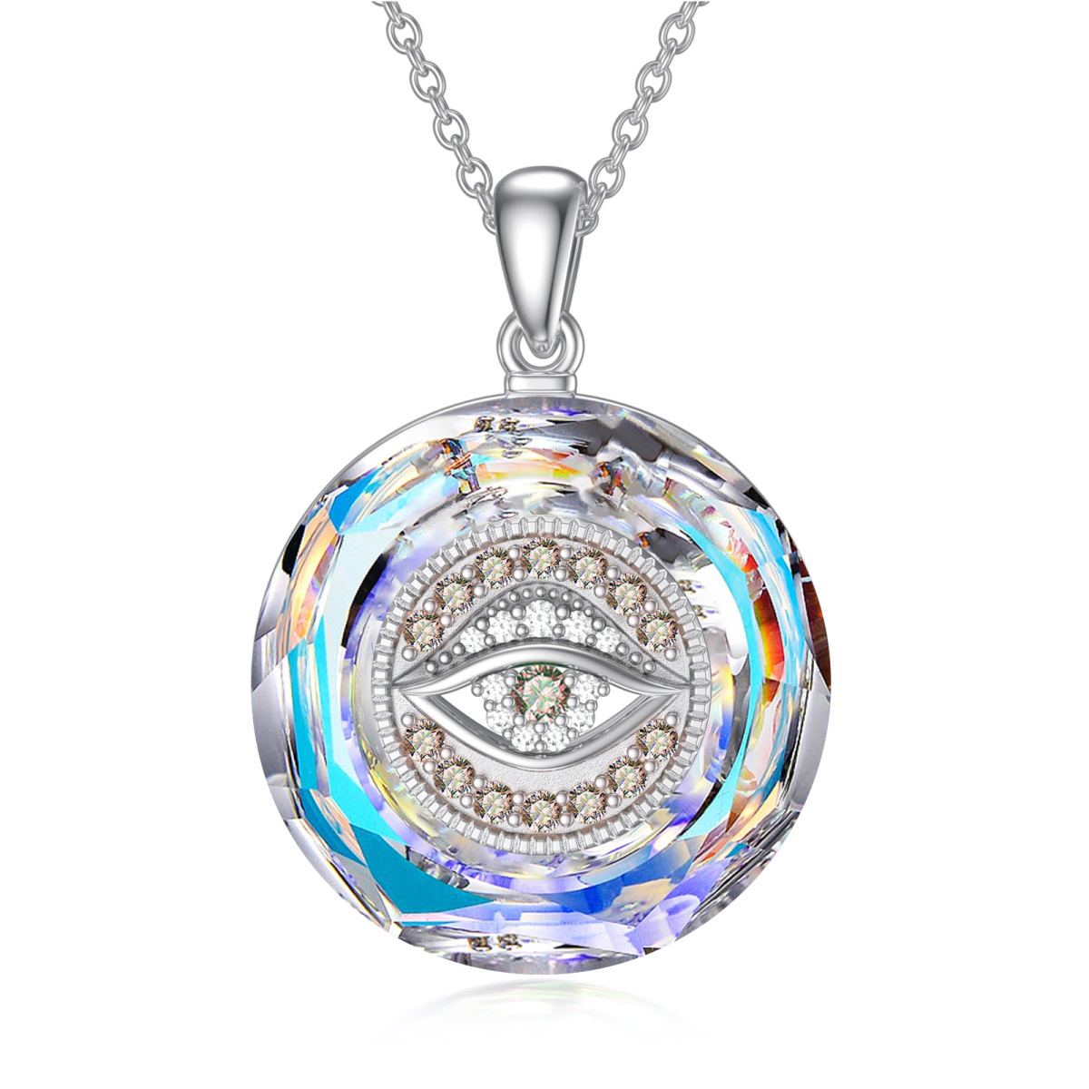 Sterling Silver Evil Eye Circular Shaped White Crystal Pendant Necklace-1