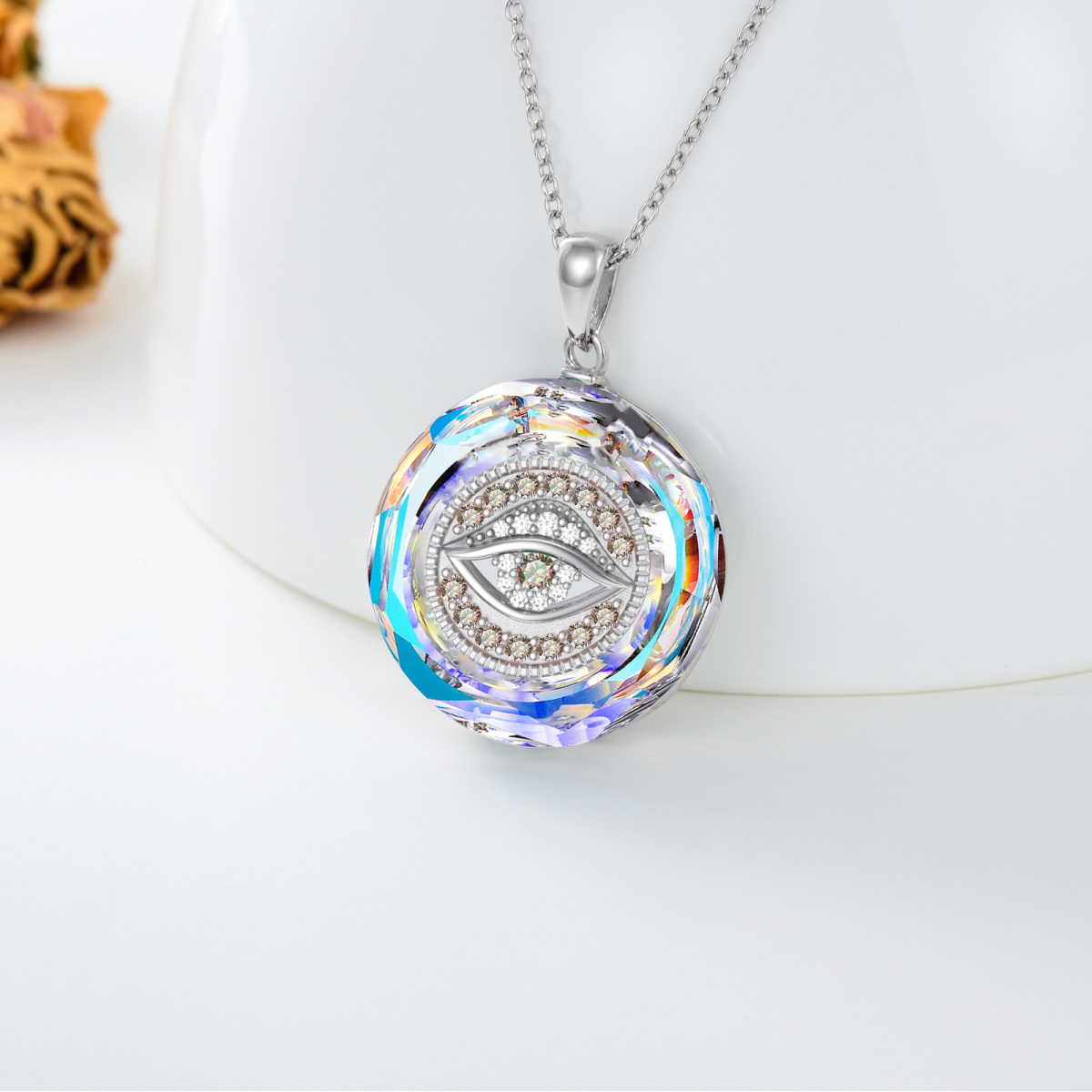 Sterling Silver Evil Eye Circular Shaped White Crystal Pendant Necklace-3