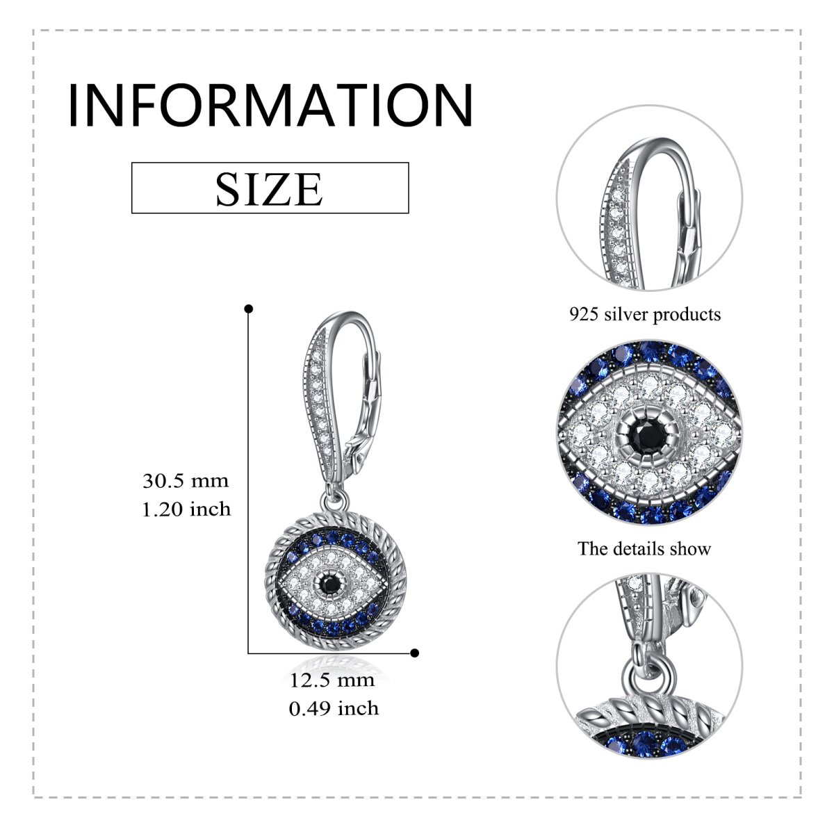 Sterling Silver Cubic Zirconia Evil Eye Drop Lever-back Earrings for Women-6