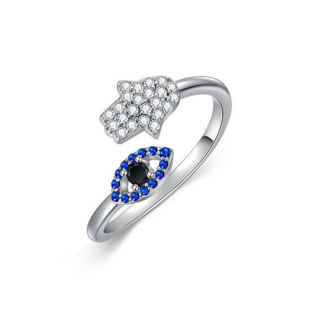 Sterling Silver Cubic Zirconia Evil Eye & Hamsa Hand Open Ring-4